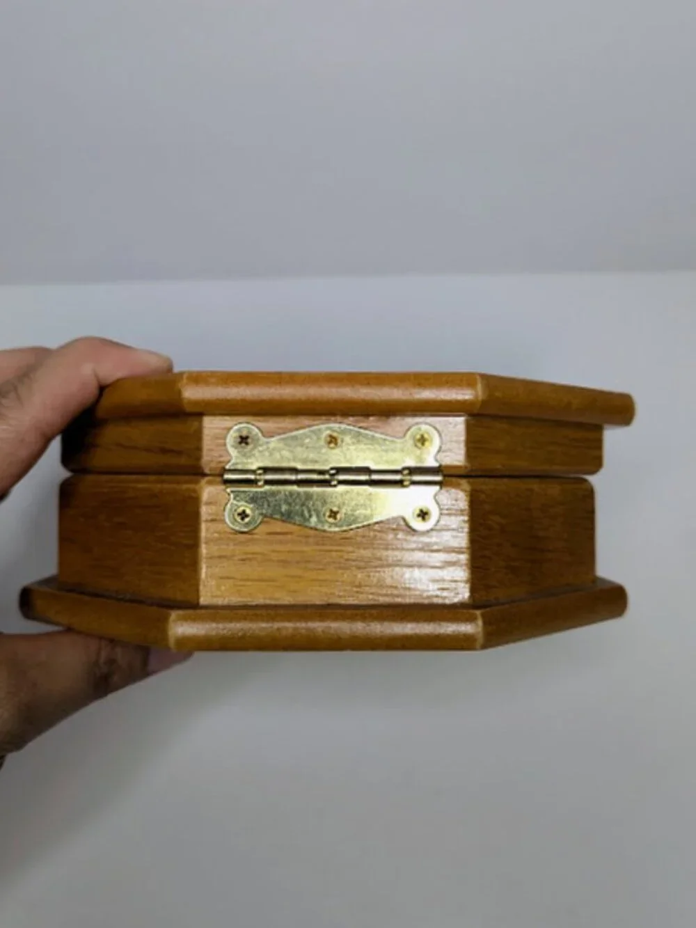 Vintage Mele Octagon Wood Floral Glass Jewelry Box